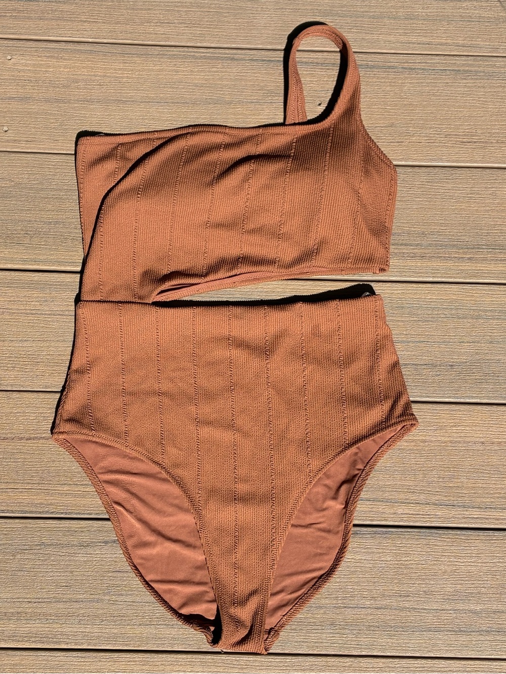 Aerie One-Shoulder Ribbed Two-Piece Swimsuit in Rust Size Large Long
